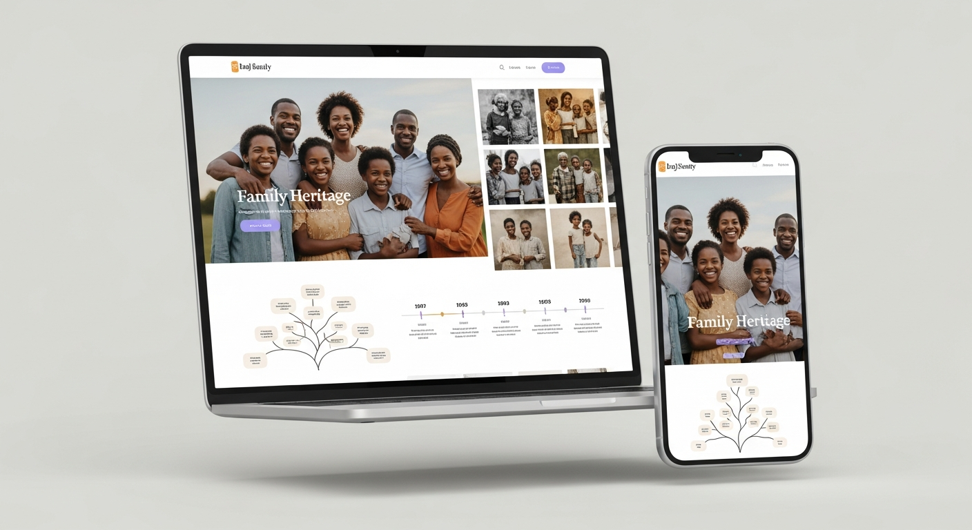 Family heritage website displayed on laptop and phone