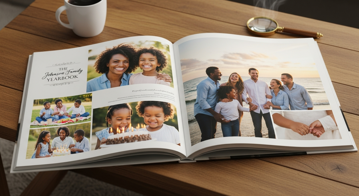 Printed family yearbook on coffee table