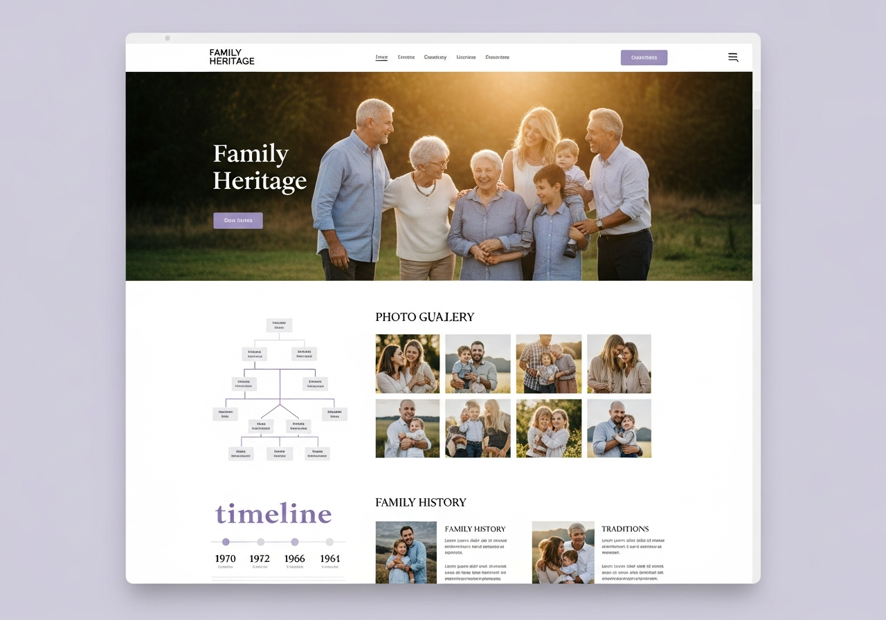 Family heritage website homepage with family tree and gallery