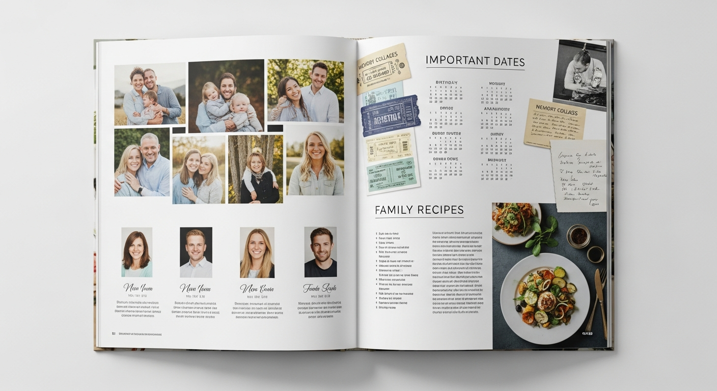 Family yearbook interior pages with photos and memories